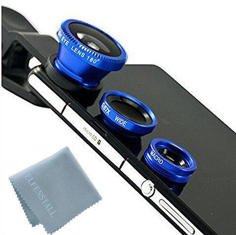 Elfenstall 3 in 1 Clip-On Kamera Adapter Optische Weitwinkelobjektiv FishEye Fischauge Objektiv Linse & Micro Objektiv Linsen - Fischaugenobjektiv + Weitwinkel + Mikroobjektiv für ihr Smartphone Handy oder Tablet - Universal Linsen Clip in der Farbe blau / blue (Handylinsenclipset, blau)