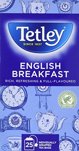 Tetley English Breakfast Black Tea Bags - Strong & Refreshing Morning Brew - Premium Blend with Assam & African Teas - Rainforest Alliance Certified - 25 Individually Wrapped Teabags (1 Pack)