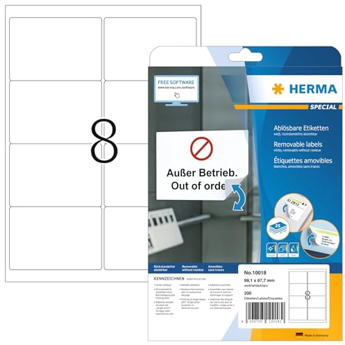 HERMA 10018 adressetiketter A4 avtagbart (99,1 x 67,7 mm, 25 ark, papper, matt) självhäftande, utskrivbara, avtagbara och återhäftande universella etiketter, 200 klistermärken, vit