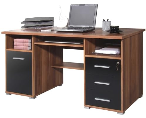 Germania Computertisch 0484-87 in Walnuss-Nb./Schwarz, abschließbar und mit Tastaturauszug, 145 x 75 x 70 cm (BxHxT)