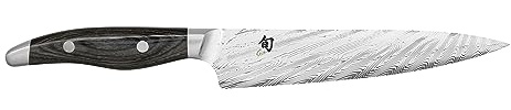 KAI Shun Nagare Allzweckmesser 15 cm Klingenlänge - 72 Lagen Damaszenerstahl VG 2 & VG 10 Dual-Core-Klinge - Pakkaholz grauschwarz - Handgefertigt in Japan - kleines Kochmesser schmal geschmiedet