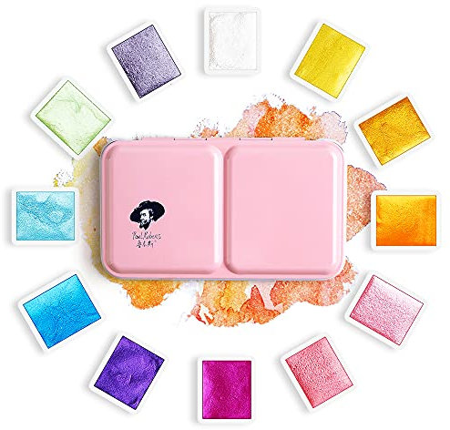 Paul Rubens Aquarellfarben Set, Metallic Glitter Aquarell Malkasten 12 Wasserfarben in 1/2 Näpfen, wasserlöslich und gut mischbar Aquarell Set, für Künstler, Meister, Anfänger