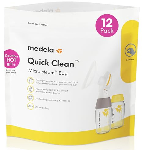 Medela Quick Clean Microwave Sterilizer Bags for Bottles and Breast Pump Parts, Reusable Up to 20 Times Per Bag, Food-Grade Material, Made Without BPA, Pack of 12