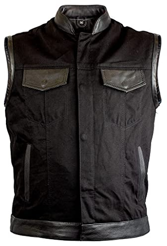 Gilet da motociclista jeans nero con dettagli in pelle modello SOA di IGUANA CUSTOM COLLECTION stile biker custom per mettere toppe da club o freebikers, Nero , M