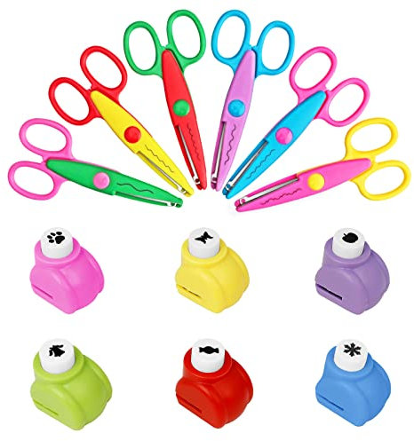 Asdirne Decorative Scissors for Kids - Craft Set with Various Interesting Patterns, Safe and Smooth Cutting - 6 Scrapbook Scissors and 6 Paper Punches, Set of 12, Funny and Colorful