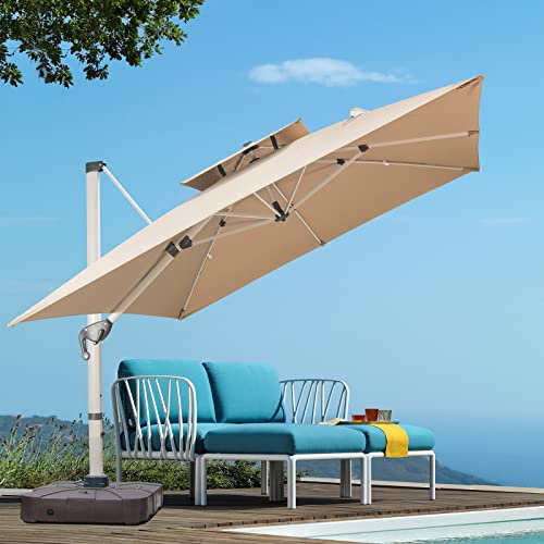 Mojia Cantilever Garden Parasol 300 x 300 cm with Cross Base, Double Roof Design Cantilever Umbrella UV Protection Square Patio Umbrella with Crank Handle and Tilt for Outdoor, Khaki