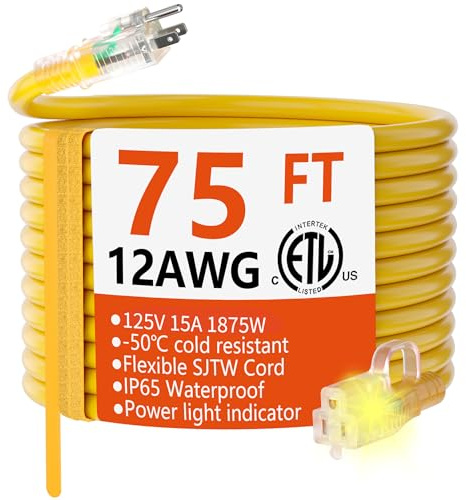 HUANCHAIN 12/3 Gauge Heavy Duty Outdoor Extension Cord 75 ft Waterproof with Lighted end, Flexible Cold-Resistant 3 Prong Electric Cord Outside, 15Amp 1875W 12AWG SJTW, Yellow, ETL
