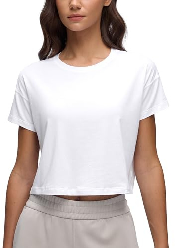 CRZ YOGA Femme Coton Pima Lâche Crop Tops Athletic Gym Casual T-Shirt Court Workout Chemises À Manches Courtes Blanc 40