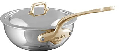 Mauviel M'Cook B Sautepfanne aus poliertem Edelstahl, mit Deckel, bronzefarbener Griff, hergestellt in Frankreich