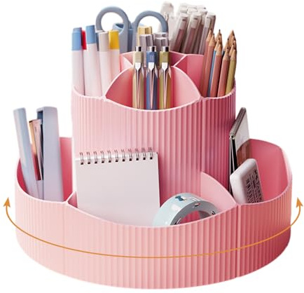 NUODWELL Pencil Holder Desk Organiser, 360° Rotating Pencil Pots | Makeup Brush Holder with 11 Compartments, Large Capacity Desk Accessories for Office School Home Art Supply (Pink)