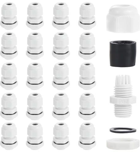 eROOSY 20 Pcs Cable Glands Waterproof PG7 Adjustable Cable Glands Nylon Cable Glands for Cables with a Diameter of 3-6.5mm, Waterproof Nylon Cable Glands, White