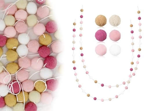 Lhbwhiz 2 Piezas Guirnalda de Bolas de Fieltro,Guirnalda de Pompones,Cadena de Fieltro,Guirnalda de Bolas de Fieltro con 30 Piezas de Pompones para Decorar en la habitación(Color Rosa Rosa)
