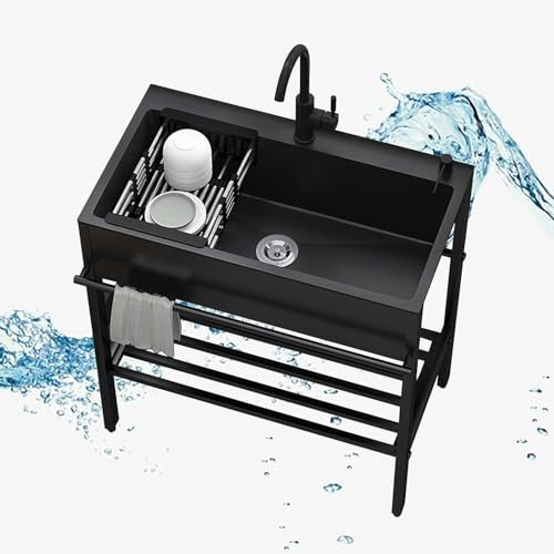 Freistehendes Edelstahl-Waschbecken Mit Heiß Und Kalt Wasserhahn,Outdoor Spüle Mit Abtropfschale,Mobiles Waschtisch Mit Ablageflächen,Küche Ausgussbecken Mit Abtropfschale,Für Keller Camping Outdoor (