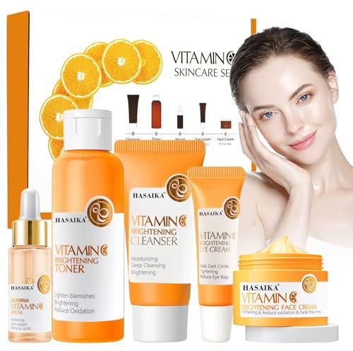 HASAIKA® Vitamina C Pack Regalo, Set de Cuidado Facial con Vitamina C Incluye Limpiador de Tóner, Crema Facial y Suero,para Nutre e Hidrata el Rostro para Ralentizar el Proceso de Envejecimiento