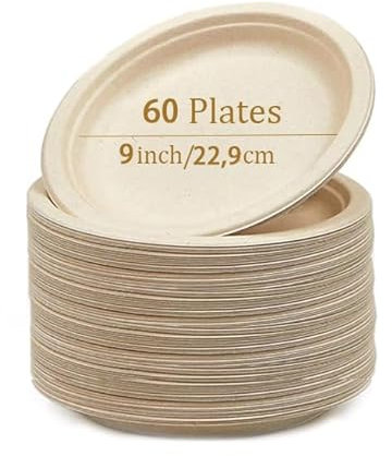 SOSINYA 60Piatti biodegradabili,9''piatti di plastica usa e getta ecologici Piatto da torta rotondo vassoio carta piatti da festa,100% compostabili in canna da zucchero -ecologici e resistenti (B)