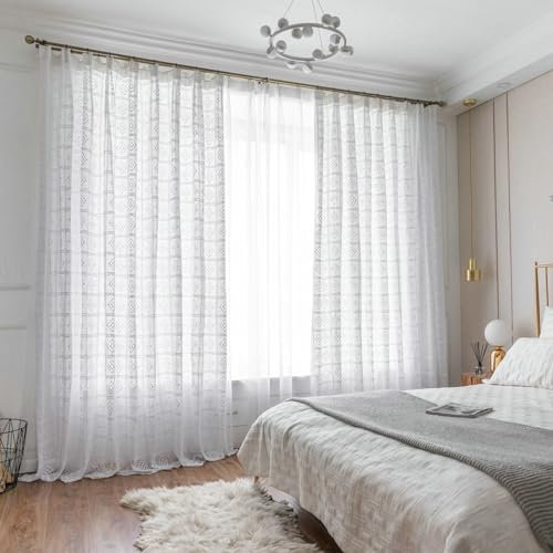 Bishilin Gardinen Lichtdurchlässig Weiß, Vorhänge Haken für Schiene Weiß Spitze mit Blumen Motiv 200x260CM Vorhänge Halbtransparent Wohnzimmer Küche