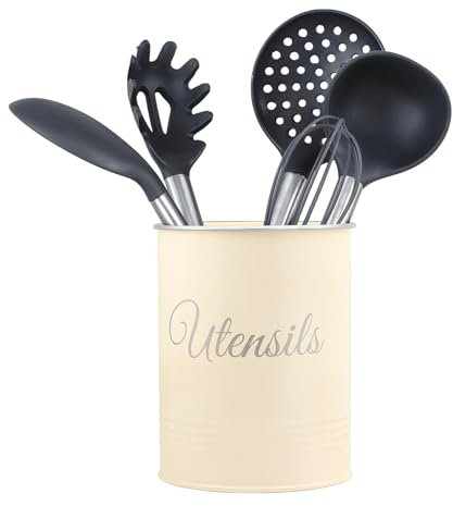 Innoteck Utensil Holder Metal Powder Coated Cutlery Organiser Pot for Kitchen Countertop Farmhouse Style Rust Proof With Non Slip Base for Spoons, Spatulas, Knives, Forks & Cooking Utensils, Cream