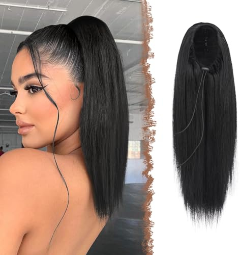 FESHFEN Postiche Queue de Cheval Cordon Droit Lisse, 30 cm Ponytail Cheveux Naturel Postiche Synthétique Rajout Queue de Cheval pour Femmes Drawstring Ponytails Extension, Noir Naturel