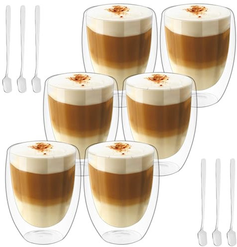 Tazas de Café de Cristal, Vasos de Doble Pared Transparente, Tazas de Vidrio Borosilicato con 6 Cucharillas, Taza de Cristal para Cafe Leche Té Latte Macchiato y Más, Mantienen el Calor, 350ml*6