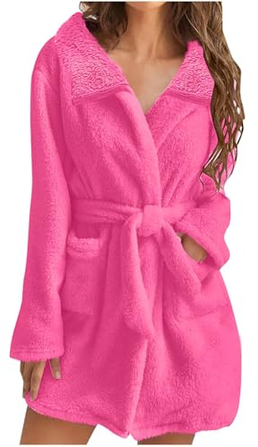 Mrat Vestaglia da donna con cappuccio in pile felpato corto accappatoio in pile orsacchiotto leggero indumenti da notte morbido accappatoio in flanella con cintura pigiama taglie forti comodo