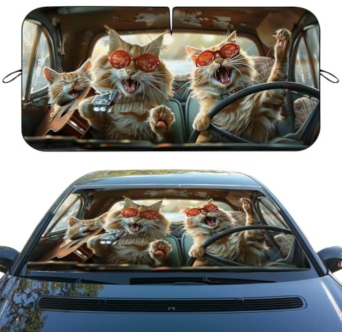 Funny Cat Car Windshield Sun Shade Cute Driving Animals Heatshield Front Window Car Sun ​Shade Windshield Blocks UV Rays Sun Visor Protector for Car Sedan Truck SUV Accessories 59 L x 31.5 W
