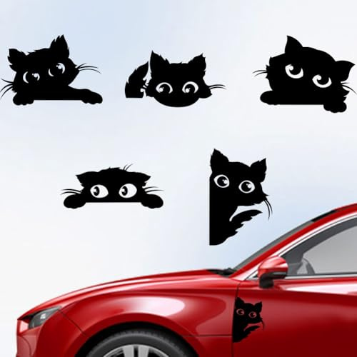 Hobbspring 5 Stück Guckende Katze Autoaufkleber 14.8x15.5cm Wasserdichte Vinyl Aufkleber Schwarz Lustige Katzenaufkleber Reflektierende Autoaufkleber Für Autofenster Laptop Gepäckdekoration