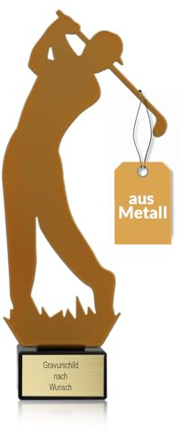 Goldener Golf-Pokal mit Gravur, 21 cm, Metall, Golfer-Silhouette | Geschenk-Trophäe mit Steinsockel, personalisiertes Geschenk, Wanderpokal Golfen