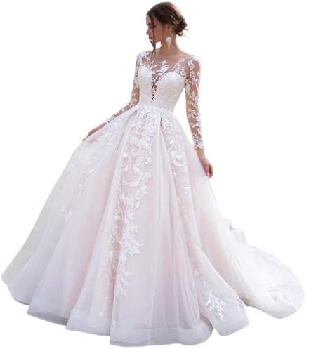 HUINI Brautkleider Lang Spitzen A-Linie Hochzeitskleid Boho Standesamt Brautmode Kleid A-Weiß 36