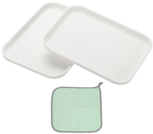 PATIKIL 7.9x5.9 Plastic Tray, 2 Pack Rectangular Plates Small Food Tray Wheat Plates Dishes Reusable Dessert Plate Trays with Cloth for Cake Fruits Salad Cupcake Steak Serving White