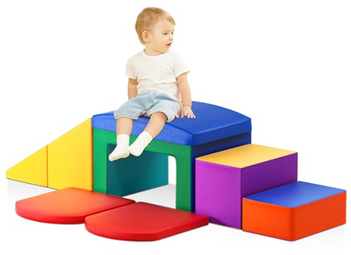 Brolteja Baby Foam Building Blocks, Softplay Set for Toddlers 1-3 Years, Baby Climbing Tower with Slide, Large Building Blocks for Toddlers (Colorful-6-L)