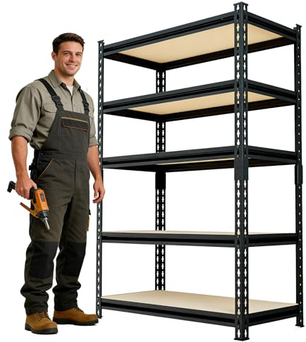 SYLOUGH 60 H x28 W x12 D: Father&I 5-Shelf-Storage-Rack Metal+Wood Garage/Kitchen Pantry Shelves Steel Utility Stand Shelving Unit Adjustable Heavy-Duty Shed Closet/Attic/Laundry Organizer, Black