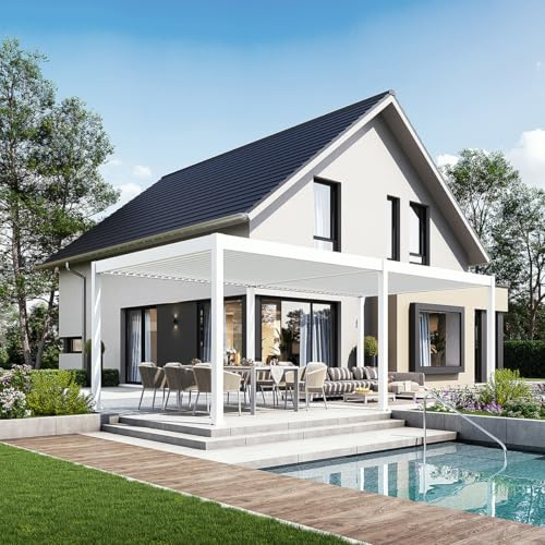 Weide E-Deluxe Pergola Lamellendach freistehend | wasserdichte Terrassenüberdachung motorisiert mit App, LED-Beleuchtung & Regenrinne