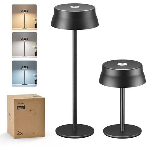 Philips Cordless Table Lamp, Portable Outdoor LED Desk Light, Rechargeable Battery Operated, 2 Adjustable Height, Touch Control & 3 Color Stepless Dimming, Waterproof Lamps for Bedroom, Black (2)