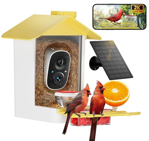 Vogelfutterstation mit Kamera, 2K HD AI Smart Identify BirdSpecies Solarpanel Outdoor Vogelhaus mit Cam, sofortige Ankunftswarnungen, Vogelvideo erfassen, Geschenke für Mama Papa (Gelb)