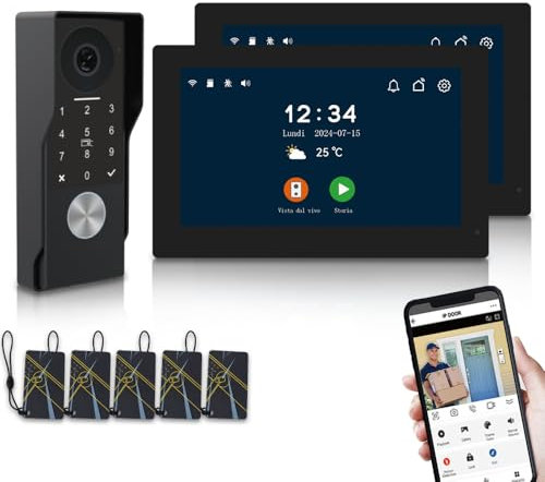 2-Draht-Video-Türsprechanlage für Wohnung,7-Zoll-Touchscreen mit Nachtsicht-Unterstützung,4 in 1 Entriegelung, Zwei-Wege-Sprechanlage für Villen nach Hause (1 schwarze Türklingel+2 schwarze Montor)