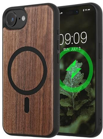 kwmobile Hülle für Apple iPhone 17e / iPhone 16e Handyhülle - Cover aus Holz und TPU - Kompatibel mit MagSafe - Case in Dunkelbraun Schwarz Walnussholz