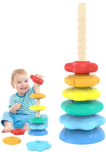 Zasdvn Jouet Bébé Anneaux à Empiler - Empileur d'Anneaux Tournants pour Bébé - Cube d'Activités Tour avec Blocs Arc-en-pour Tri Développement de la Motricité Fine