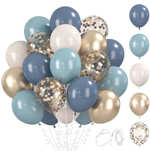 BlooMoo 60 Stück Luftballons Blau Weiß, 12 Zoll Latex Luftballons Blau Weiss Champagner, Metallic Ballons und Konfetti Ballons Set, für Geburtstag Hochzeit Party Baby Shower Dekoration