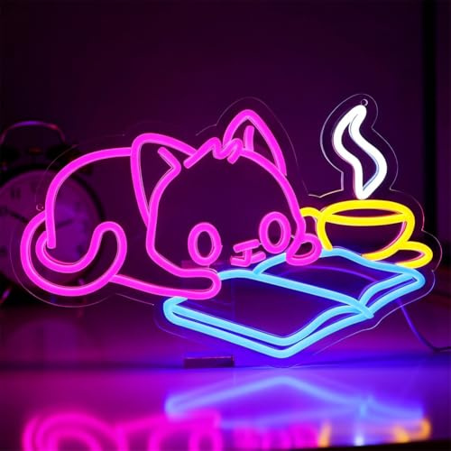 LOMUG Neon Schild Personalisiert, USB-LED-Leuchten mit Dimmbarer Beleuchtung, Leuchtreklame Wanddekoration, Leuchtschilder an der Wand für Bar Party Kaffee Leseecke Buchclub Home Decoration(Katze)