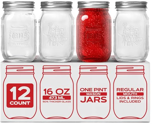 FORJARS® Premium Mason Jars with Lids – 16oz | Regular Mouth Canning Jars | 12-Pack Glass Jars for Jam, Jelly, Pickling, Food Storage, Freezer Safe, Airtight Bulk Set
