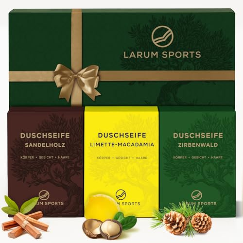 larum sports feste Duschseife - Geschenkset für Männer – festes Duschgel – feste Seife für Haare, Körper, Gesicht – Naturseife – je 2 Seifen Sandelholz, Limette-Macadamia, Zirbenwald