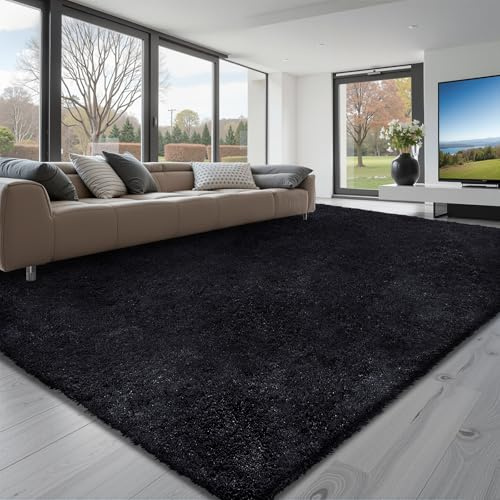 VEVOR Tapis Salon Chambre Poil Long 2,44 x 3,05 m Tapis Moderne de Décoration Intérieur Rectangulaire Antidérapant en Peluche Moelleux et Doux Envers Non Tissé pour Salon, Chambre à Coucher, Noir