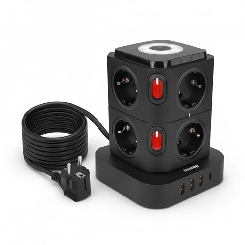 Huslog Uttagstorn med 8 AC-uttag, 3 x USB-A och 1 x USB-C-port, överspänningsskydd, nattlampa, individuell strömbrytare, 3 680 W, 1,8 m kabel, vertikal grenuttag för kontor och hem – svart