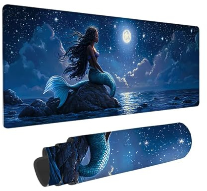 Tapis de Souris de Jeu, 1400 x 600 mm XXL Tapis Souris Gaming Grand, Antidérapant Étanche, iExtended Long Clavier Mouse Pad XXL, Accessoire Bureau, pour Gamer, Ordinateur, PC (Lune sirène) i-915