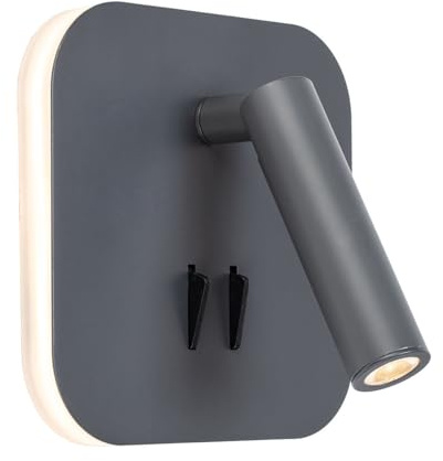 Applique Liseuse LED Murale DEEP 9W (6W+3W) – Double Éclairage Tête de Lit avec 2 Interrupteurs Indépendants – Spot Orientable & Rétro-éclairage – Design Rond Gris Anthracite pour Chambre et Salon