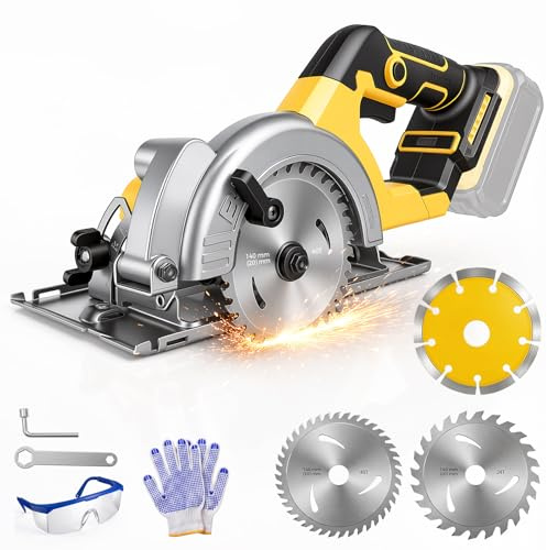 Cordless Circular Saw for Dewalt 20V Battery, 5.5 Brushless Circular Saw with 3 Blades,0-45° Cutting Angle, Cutting Depth and Angle: 48mm(90°)-33mm (45°), Idea for Wood Plastic Tile Cut (No Battery)