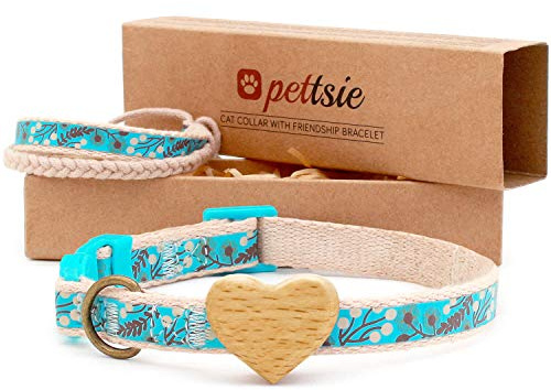 Pettsie Katzenhalsband Rosa mit Herz und Sicherheitsverschluss, Türkis | Herz aus Buchenholz, Freundschaftsarmband inklusive, 100% Baumwolle, D-Ring für Zubehör, Einstellbar 20,3-28 cm