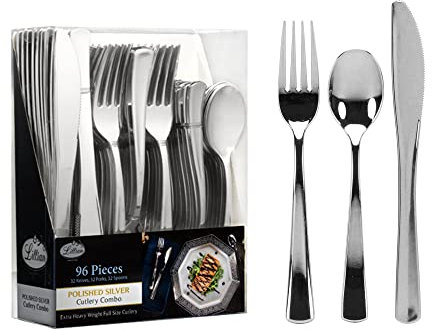 Plastic Cutlery Reusable Full Size Cutlery Combo, Silver, 32 Forks, 32 Knifes, 32 Spoons, Value Pack 96 Count