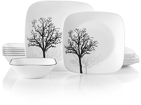 Corelle Vitrelle 18-Piece Service for 6 Dinnerware Set Triple Layer Glass and Chip Resistant, Lightweight Square Plates and Bowls Set, Timber Shadows