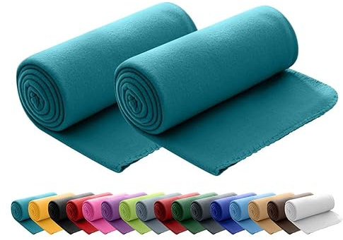 Set di 2 coperte in pile polare, OekoTex, 130 x 160 cm, circa 400 g di peso, con effetto anti-pelucchi e bordo rimagliato, colore: turchese/petrolio